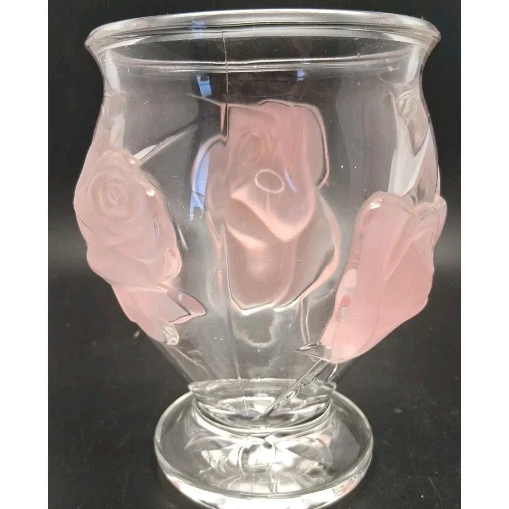 Vintage 1980s Made In France‎ Raised Pink Rose Heavy Crystal Vase